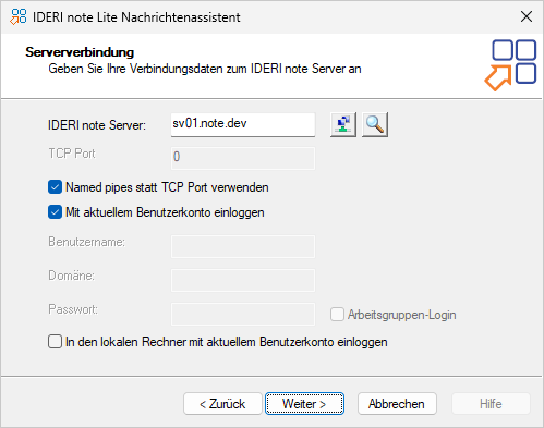 Assistentenseite zur Serververbindung
