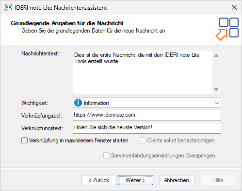 Assistentenseite für die grundlegenden Nachrichtendaten
