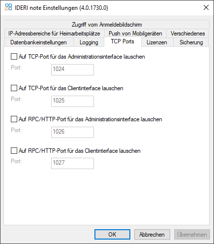 Die Seite mit den Einstellungen für die TCP Ports mit Standardeinstellungen