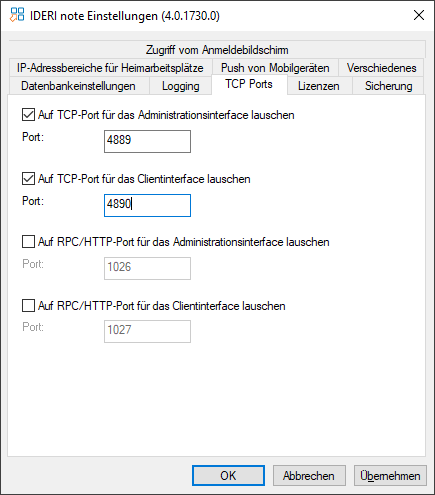 Angabe von dezidierten TCP Ports im IDERI note Systemsteuerungsapplet