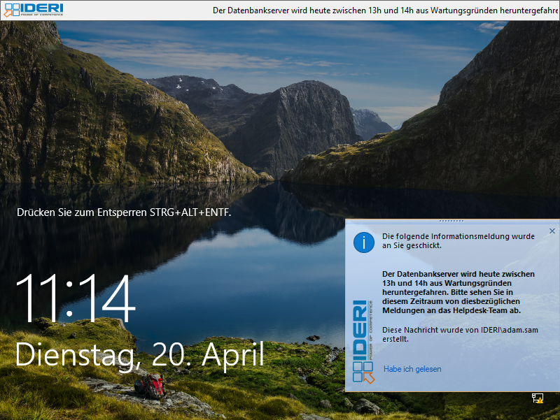 Der Windows® 10 Benutzersperrbildschirm mit einem Nachrichtenfenster und dem Ticker