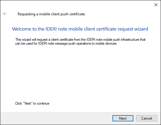 The welcome page of the |INOTE| mobile client certificate request wizard