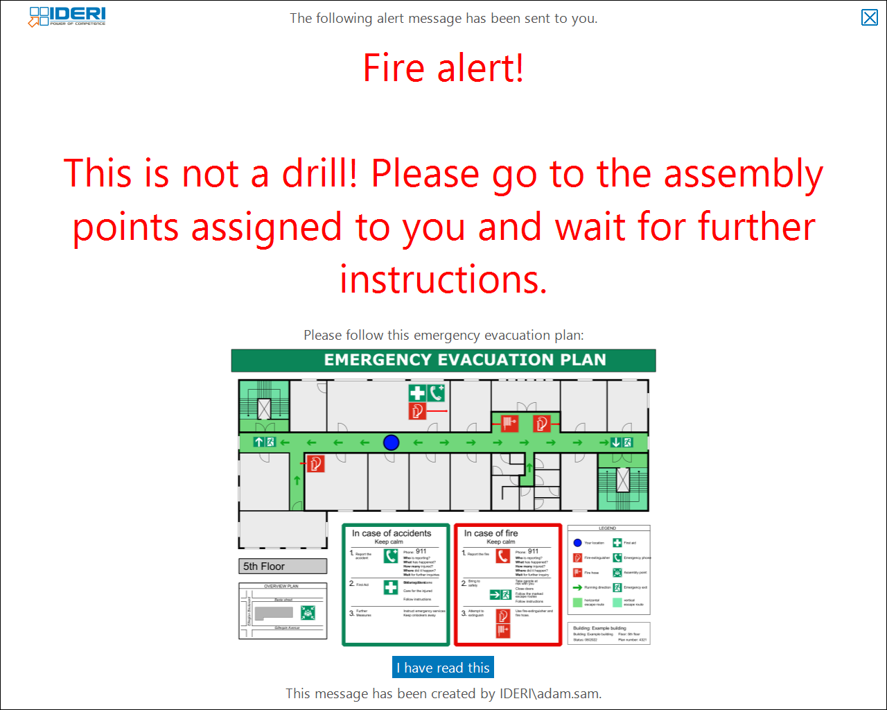 Fullscreen example message showing an emergency evacuation plan as the link target