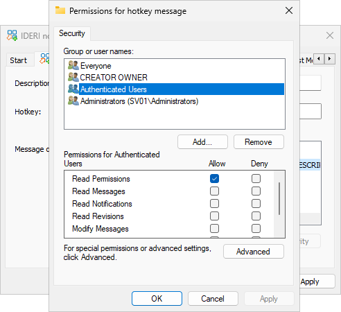 Hotkey message security settings dialog