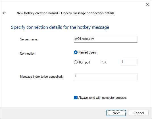 Connection details page for the message cancellation hotkey wizard