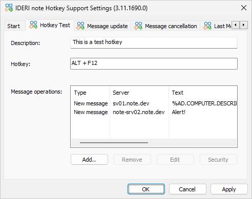 Control panel applet page with an additional message creation operation on server sv03.note.dev