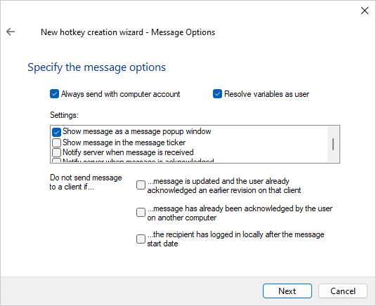 Hotkey message options page