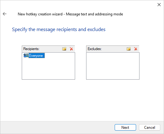 Hotkey message recipients page with "Everyone" added as the recipients