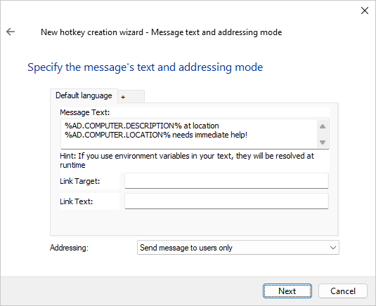 Hotkey message text and addressing settings page