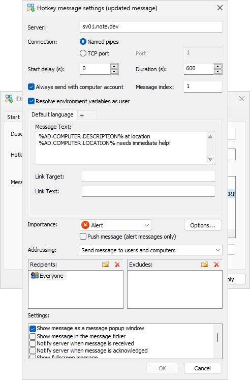 Configuration dialog for the message to be updated by the hotkey