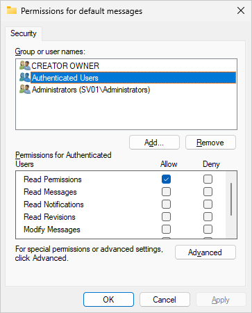 Default security settings for new messages with authenticated users selected