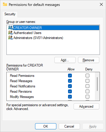 Default security settings for new messages with CREATOR OWNER selected