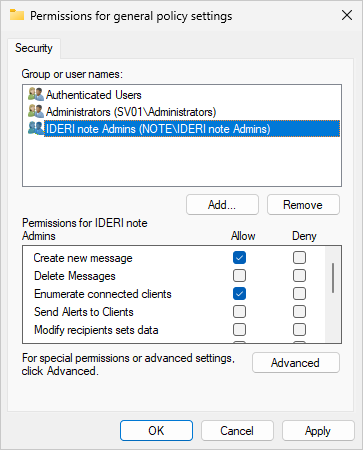 General security policy settings with the group 'IDERI note Admins' added
