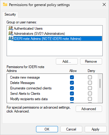 General security policy settings with the group 'IDERI note Admins' added and all access rights selected