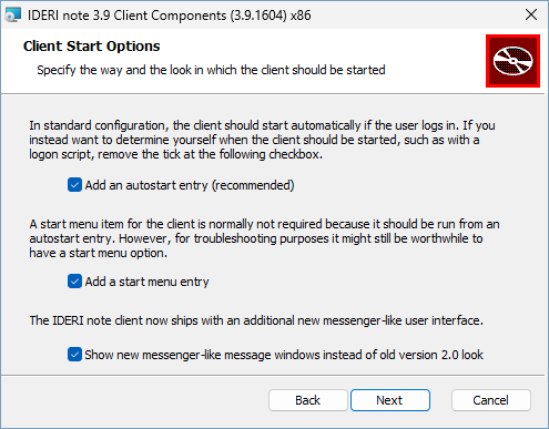 Client start options setup screen