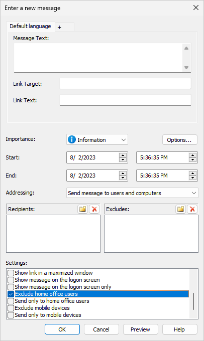 The two home office options "Exclude home office users" and "Send only to home office users"