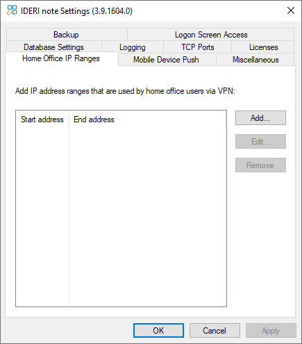 The IP address range page in the |INOTE| service control panel applet with no IP address ranges defined.