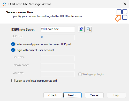 Server connection wizard page