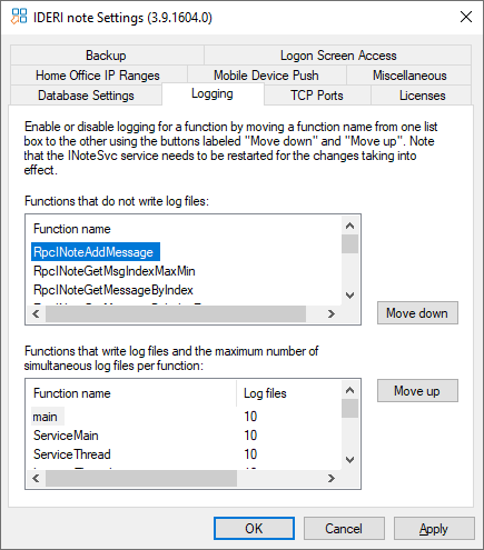 The logging page of the IDERI note control panel applet with default settings