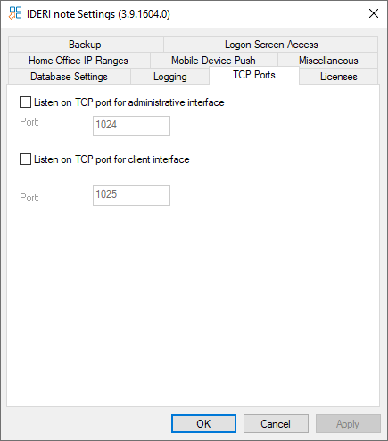 The TCP Ports page of the IDERI note control panel applet with default settings