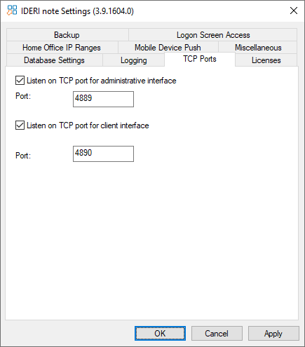 Dedicated TCP ports specified in the IDERI note control panel applet