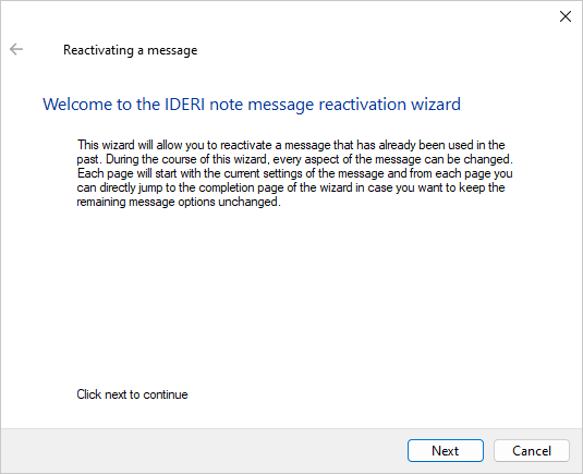 Start page of the message reactivation wizard