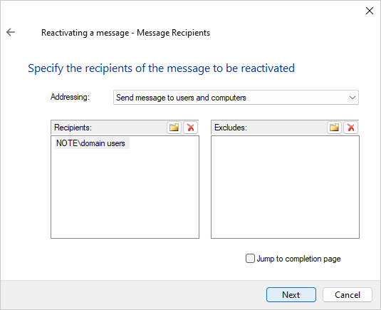 Message recipients page of the message reactivation wizard