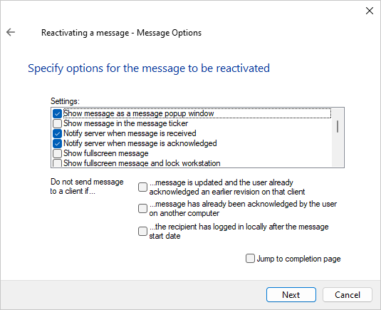 Message options page of the message reactivation wizard