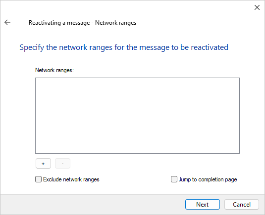 Message network ranges page of the message reactivation wizard