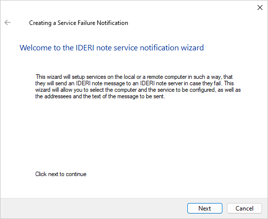 Start page of the service notification wizard