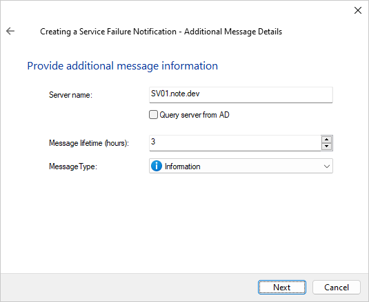 Additional message details page of the service notification wizard