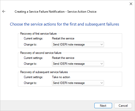 Service action choice page of the service notification wizard