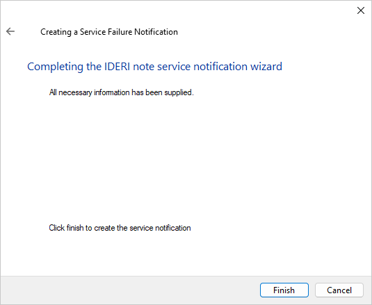 Finish page of the service notification wizard