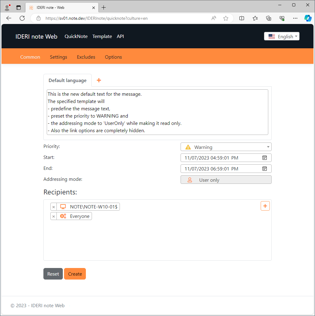 QuickNote UI with a custom defaults template