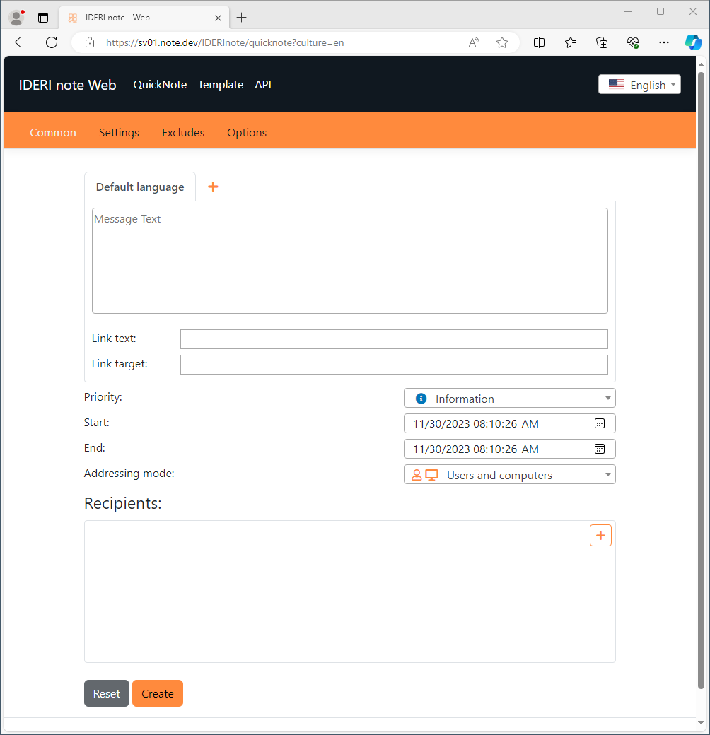 QuickNote common message properties tab