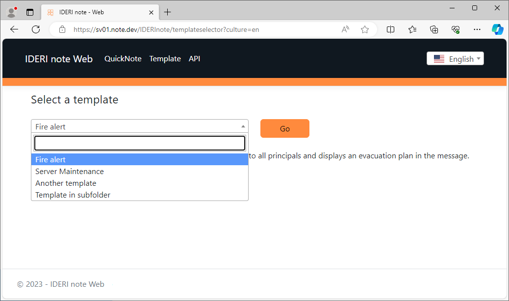 Selecting a template from the template list in Template Selector