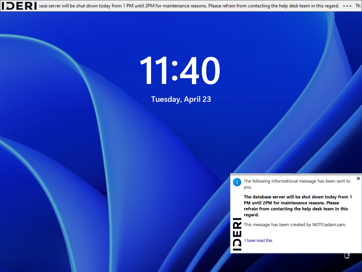 The Windows® 10 lock screen showing a message window and the ticker