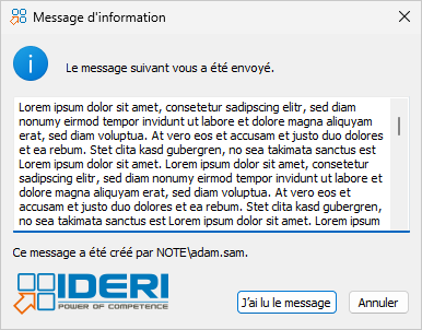 A message that is too long for the new messenger like user interface of the IDERI note client version 2.2 displayed in a version 2.0 message window