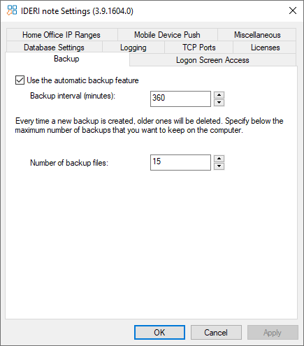 Backup settings in the IDERI note control panel applet