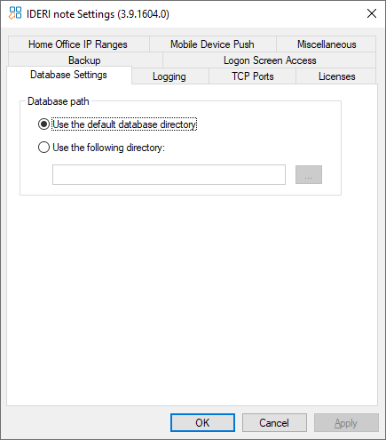 The database settings logging page of the IDERI note control panel applet with default settings