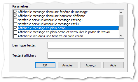 Paramètres de message plein écran dans l'administrateur IDERI note