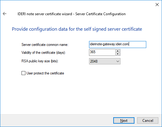 Configuration page for creating a new certificate for transport layer security