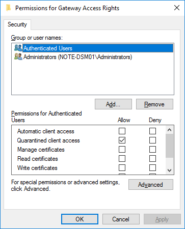 Configuration page for user permissions on the |INOTEGW|