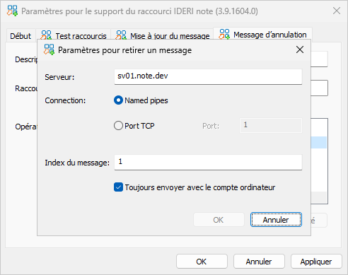 Configuration dialog for the message to be cancelled by the hotkey