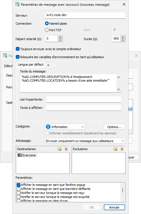 Configuration dialog for the new message