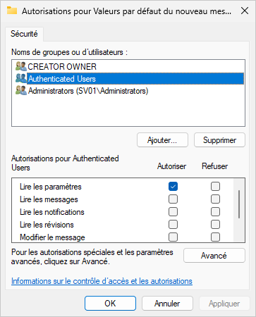 Default security settings for new messages with authenticated users selected
