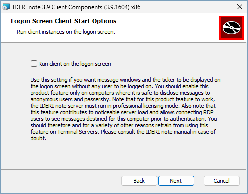Logon screen client start options screen