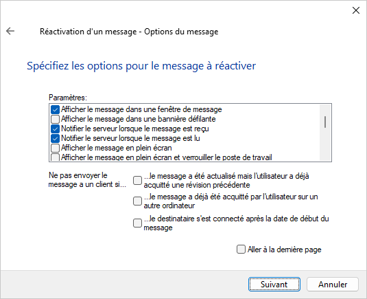 Message options page of the message reactivation wizard