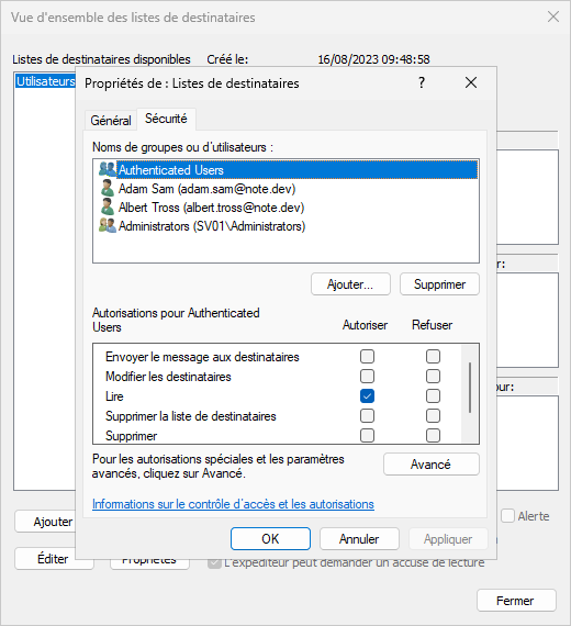 Security settings of the recipients set for authenticated users