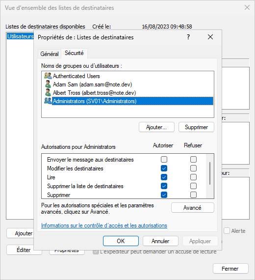 Default access rights of the administrators group of the IDERI note Servers for the recipients set